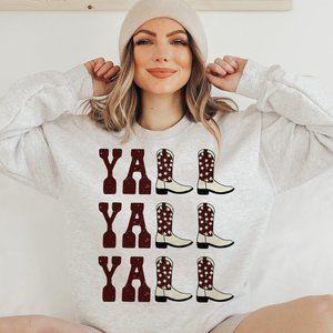 Yall Yall Yall Maroon Aggie Cowboy Cowgirl Western Boots Light Grey Sweatshirt